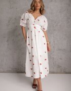 retro & icone Rochie Albă Cloș De cocktail din bumbac cu elastic în talie și broderie cu cireșe Vimasina