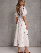 retro & icone Rochie Albă Cloș De cocktail din bumbac cu elastic în talie și broderie cu cireșe Vimasina