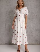 retro & icone Rochie Albă Cloș De cocktail din bumbac cu elastic în talie și broderie cu cireșe Vimasina