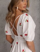 retro & icone Rochie Albă Cloș De cocktail din bumbac cu elastic în talie și broderie cu cireșe Vimasina