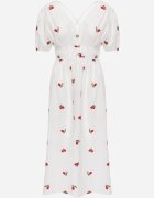 retro & icone Rochie Albă Cloș De cocktail din bumbac cu elastic în talie și broderie cu cireșe Vimasina