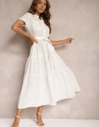 retro & icone Rochie albă cloș din bumbac stil cămașă cu cordon în talie Arosofia