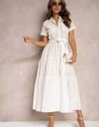 retro & icone Rochie albă cloș din bumbac stil cămașă cu cordon în talie Arosofia