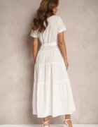 retro & icone Rochie albă cloș din bumbac stil cămașă cu cordon în talie Arosofia