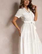 retro & icone Rochie albă cloș din bumbac stil cămașă cu cordon în talie Arosofia