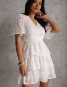 retro & icone Rochie Albă cu croială cloș cu decolteu în V și volane Drapia