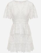 retro & icone Rochie Albă cu croială cloș cu decolteu în V și volane Drapia