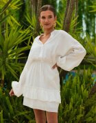 retro & icone Rochie Albă cu Elastic în talie și Volan Amee