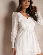 retro & icone Rochie Albă cu Material Brodat cu Elastic în Talie Tecusa
