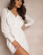 retro & icone Rochie Albă cu Material Brodat cu Elastic în Talie Tecusa