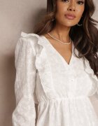 retro & icone Rochie Albă cu Material Brodat cu Elastic în Talie Tecusa