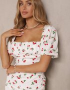 retro & icone Rochie Albă Decorată cu Imprimeu de Cireșe și Încrețituri Halethra