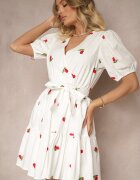 retro & icone Rochie Albă din Bumbac cu Cireșe cu Elastic în Talie Axona