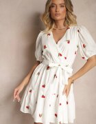 retro & icone Rochie Albă din Bumbac cu Cireșe cu Elastic în Talie Axona