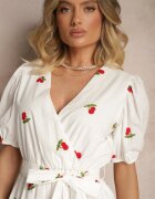 retro & icone Rochie Albă din Bumbac cu Cireșe cu Elastic în Talie Axona