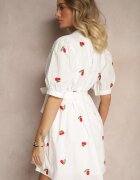 retro & icone Rochie Albă din Bumbac cu Croială Tip Cămașă cu Broderie cu Cireșe Delandris