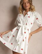 retro & icone Rochie Albă din Bumbac cu Croială Tip Cămașă cu Broderie cu Cireșe Delandris