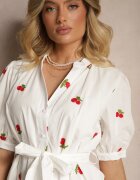 retro & icone Rochie Albă din Bumbac cu Croială Tip Cămașă cu Broderie cu Cireșe Delandris