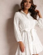 retro & icone Rochie Albă din țesătură brodată de bumbac legată în talie Roselia