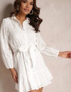 retro & icone Rochie Albă din țesătură brodată de bumbac legată în talie Roselia