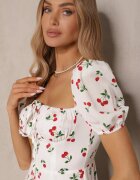 retro & icone Rochie Albă evazată decorată cu cireșe și legătură Hallonia