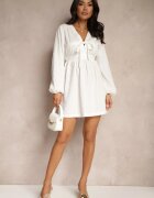 retro & icone Rochie Albă Legată Cloș cu Relief Decorativ Falretia