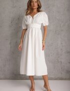 retro & icone Rochie Albă Midi cu Elastic în Talie cu Bretele Încrucișate la Spate Jorlyn