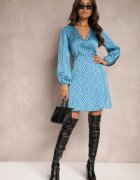 retro & icone Rochie Albastră Asimetrică Mini cu Mânecă Lungă și Șnur în Talie Cyness