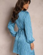 retro & icone Rochie Albastră Asimetrică Mini cu Mânecă Lungă și Șnur în Talie Cyness