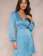retro & icone Rochie Albastră Asimetrică Mini cu Mânecă Lungă și Șnur în Talie Cyness