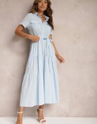 retro & icone Rochie Albastră Evazată Din bumbac Cu croi tip cămașă Legată în talie Arosofia
