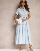 retro & icone Rochie Albastră Evazată Din bumbac Cu croi tip cămașă Legată în talie Arosofia