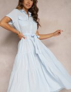 retro & icone Rochie Albastră Evazată Din bumbac Cu croi tip cămașă Legată în talie Arosofia