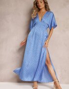 retro & icone Rochie Albastră Evazată Maxi cu buline cu decolteu adânc Sallo