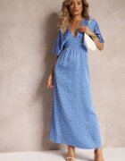 retro & icone Rochie Albastră Evazată Maxi cu buline cu decolteu adânc Sallo