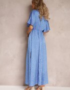 retro & icone Rochie Albastră Evazată Maxi cu buline cu decolteu adânc Sallo