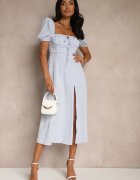 retro & icone Rochie Albastră Rustică cu croi evazat cu legătură și despicătură Idanvera