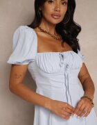 retro & icone Rochie Albastră Rustică cu croi evazat cu legătură și despicătură Idanvera