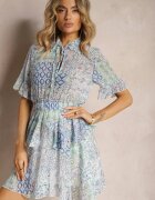 retro & icone Rochie Albastru deschis cu croială evazată cu volane și elastic în talie Nespia