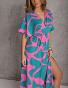 retro & icone Rochie Albastru-Roz Cloș cu Elastic în Talie și Decupaje Fienda