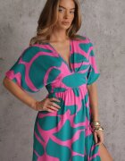 retro & icone Rochie Albastru-Roz Cloș cu Elastic în Talie și Decupaje Fienda