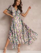 retro & icone Rochie Asimetrică Maxi Bej-Verde cu nasturi decorativi Nallini
