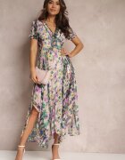 retro & icone Rochie Asimetrică Maxi Bej-Verde cu nasturi decorativi Nallini