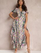 retro & icone Rochie Asimetrică Maxi Bej-Verde cu nasturi decorativi Nallini