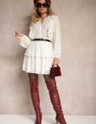 retro & icone Rochie Bej cu croi clos cu elastic în talie și volane Zinetha
