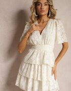 retro & icone Rochie bej deschis cu croi evazat cu decolteu în V și volane Drapia