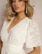 retro & icone Rochie bej deschis cu croi evazat cu decolteu în V și volane Drapia