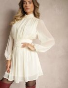 retro & icone Rochie bej evazată cu inserții semitransparente și guler înalt Gelabine