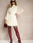 retro & icone Rochie bej evazată cu inserții semitransparente și guler înalt Gelabine
