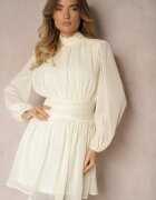 retro & icone Rochie bej evazată cu inserții semitransparente și guler înalt Gelabine